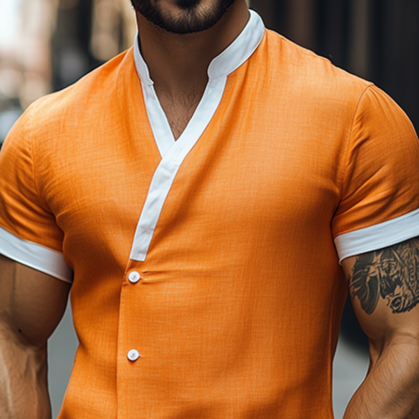 Camisa de manga corta de algodón y lino con cuello alto entallado de moda vintage de primavera para hombre