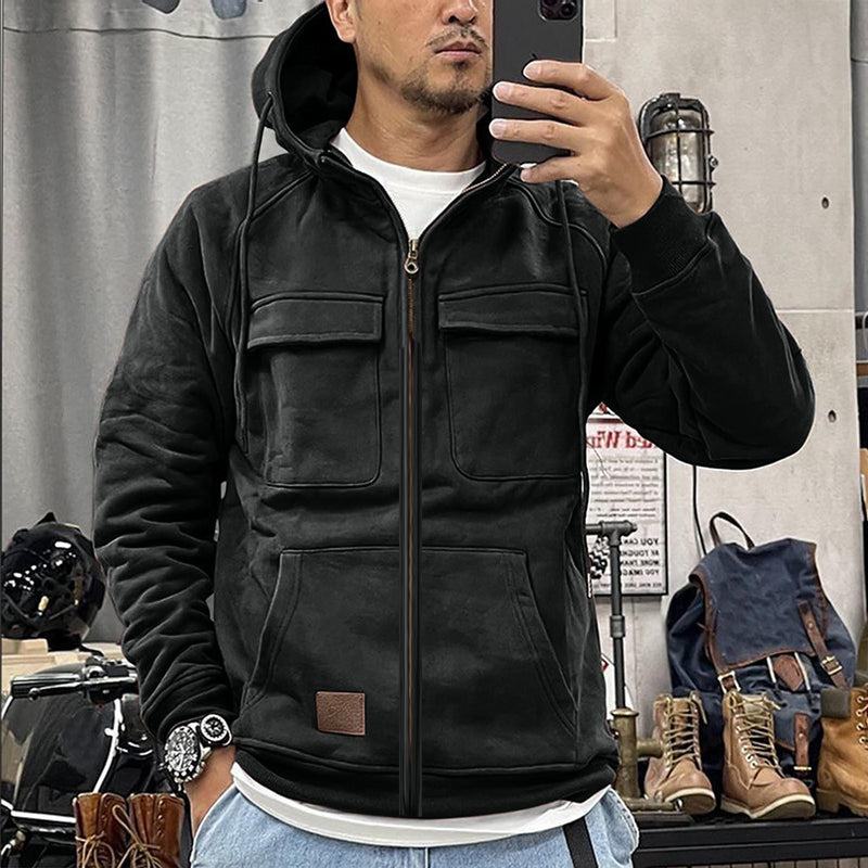CROSS BORDER AUTUMN AND WINTER ZIPPER NEW MEN'S HOODED SOLID COLOR LOOSE YOUTH SPORTS MULTI POCKET LEATHER SWEATSHIRT OUTER SET