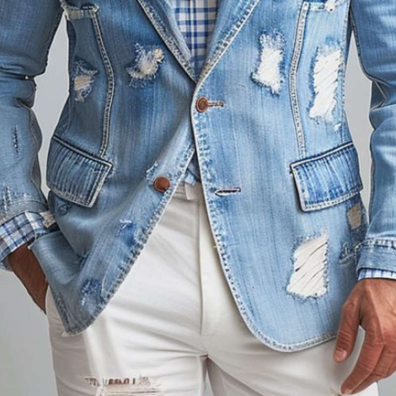 Men's Fashion Retro Casual Washed Denim Ripped Single Breasted Blazer