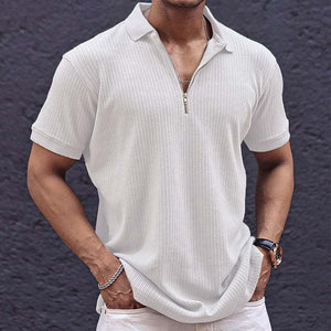 Camiseta retro informal de manga corta con cuello y cremallera de color liso para hombre