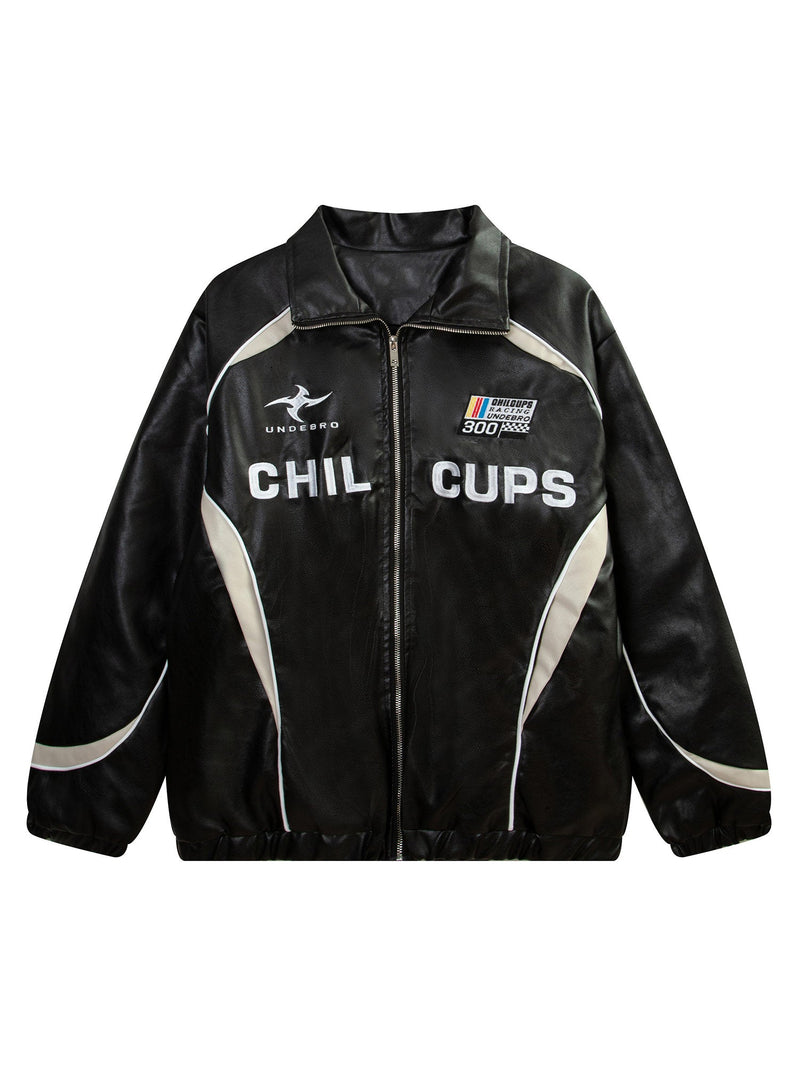 Racing Style Patchwork Leather Jacket