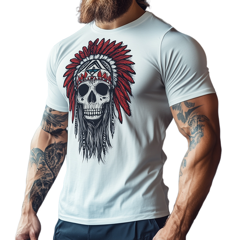 Men's Vintage Cotton Indian Skull Printed Casual Sports Round Neck Short Sleeve T-Shirt
