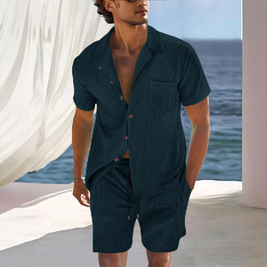 Men's Solid Color Short Sleeve Shorts Holiday Two-piece Set