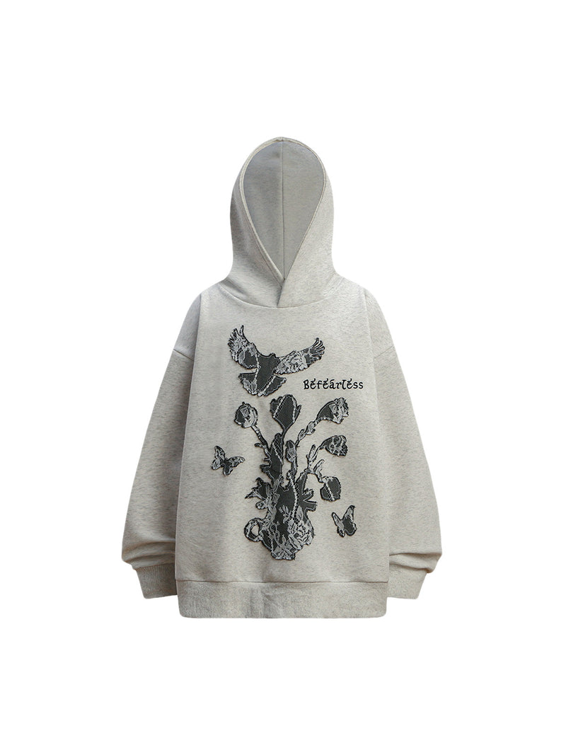 Lace Floral&Dove Embroidery Fleece Hoodie