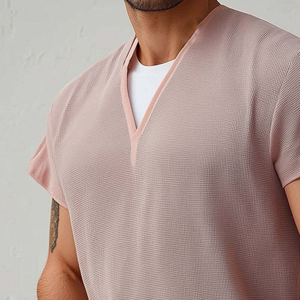 Herren Sommer Basic V-Ausschnitt Strukturiertes Kurzarm T-Shirt