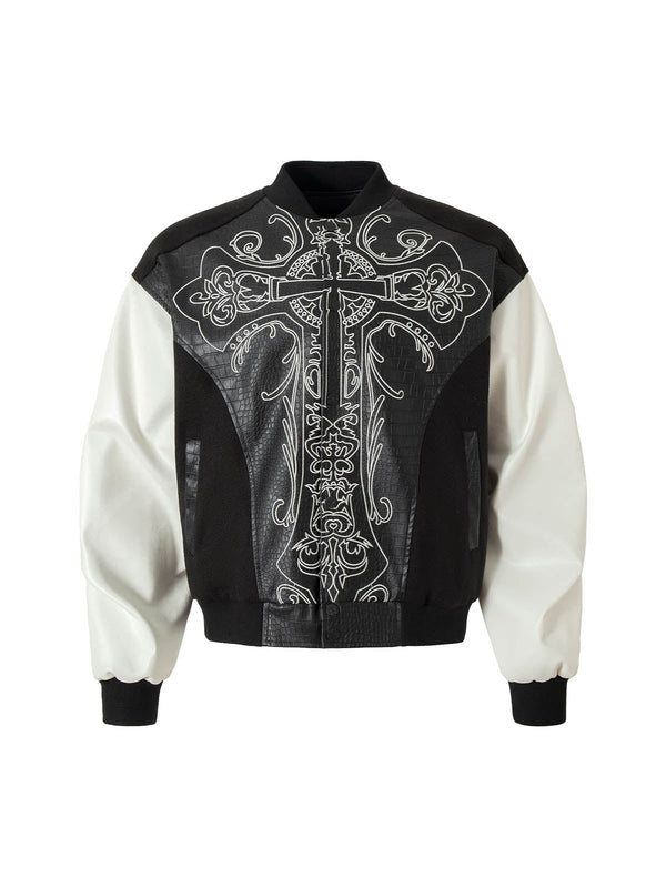 Gothic Cross Embroidery Crocodile Leather Bomber Jacket