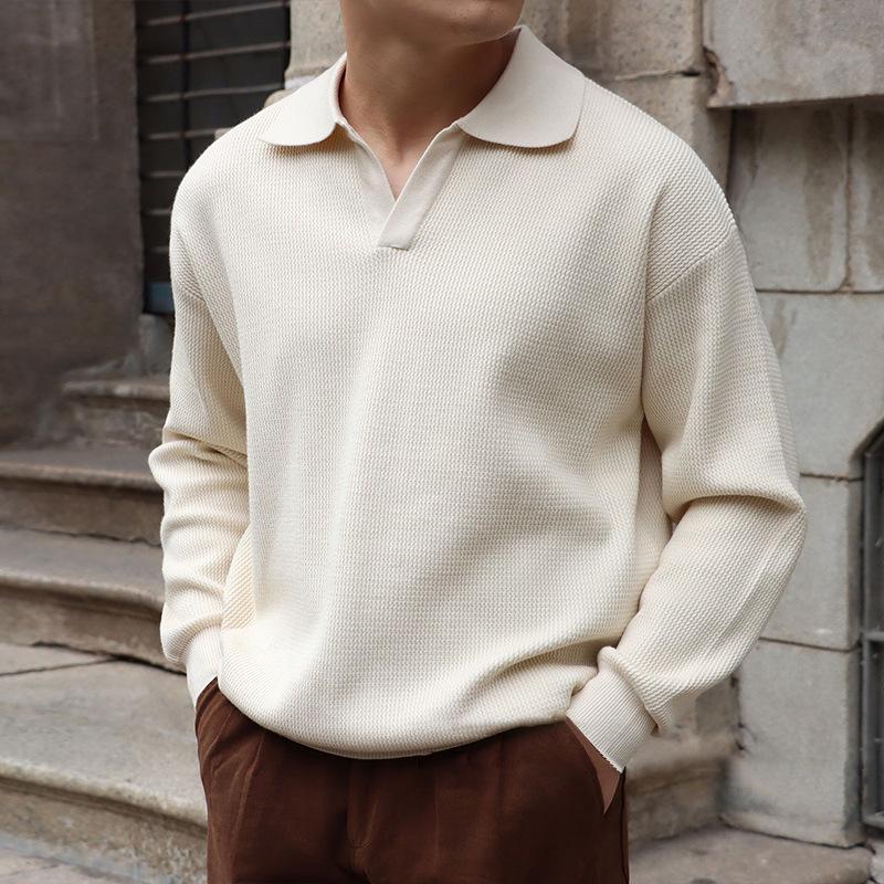 Men's Solid Color Lapel Long Sleeve Knit Polo Shirt