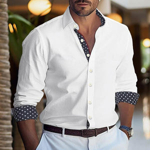 Camisa de manga larga con solapa y estampado de bloques de color para hombre
