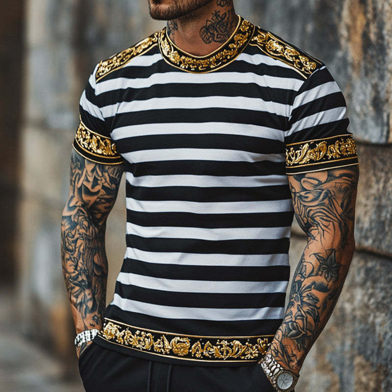 Camiseta de manga corta con cuello redondo y estampado barroco retro informal para hombre