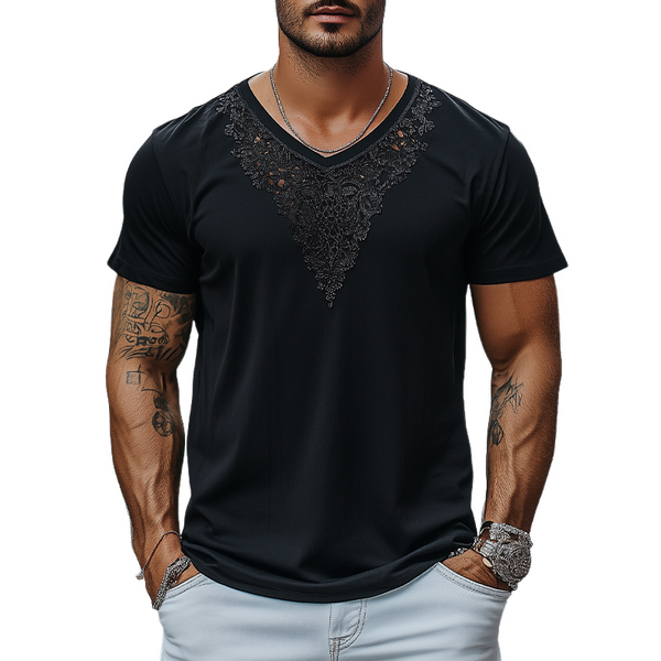 Herrenmode Lässiges Kurzarm-T-Shirt aus Baumwolle mit V-Ausschnitt und Spitze