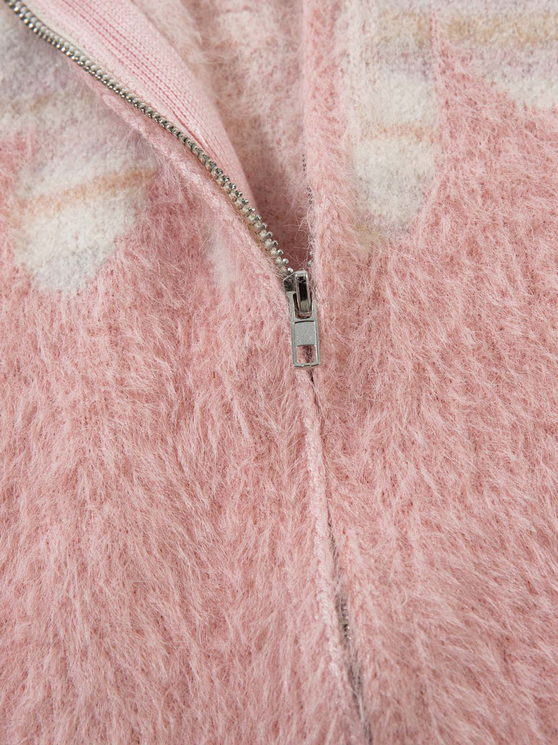 Flame Embroidery Fuzzy Zipper Sweater