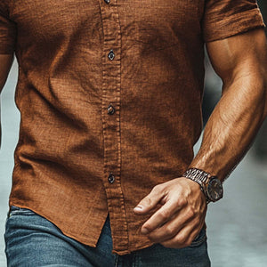 Camisa informal de manga corta con solapa de algodón y lino para hombre