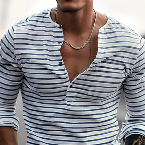 Camiseta informal de manga larga con cuello Henley a rayas para hombre