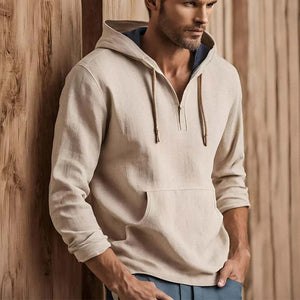 Sudadera informal con capucha de algodón y lino color albaricoque para hombre