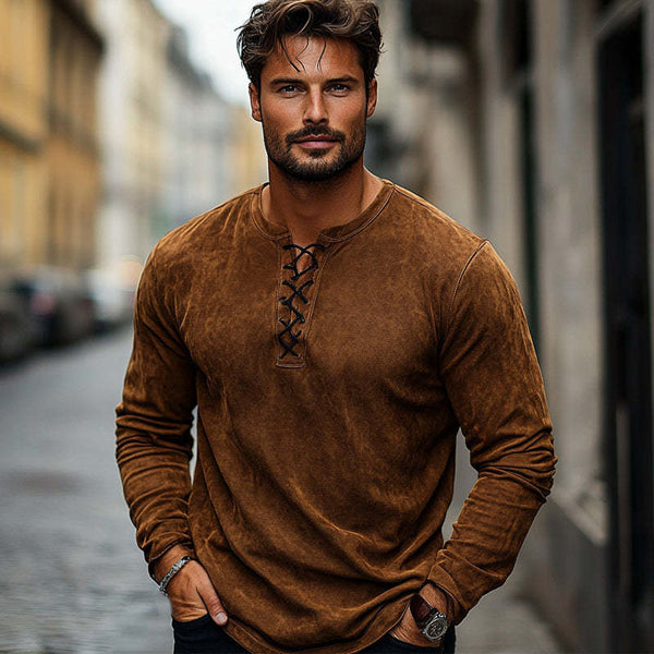 Herren Vintage Braunes Wildleder-Langarm-T-Shirt mit Schnürung
