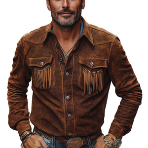 Camisa de ante con borlas y solapa vintage marrón para hombre