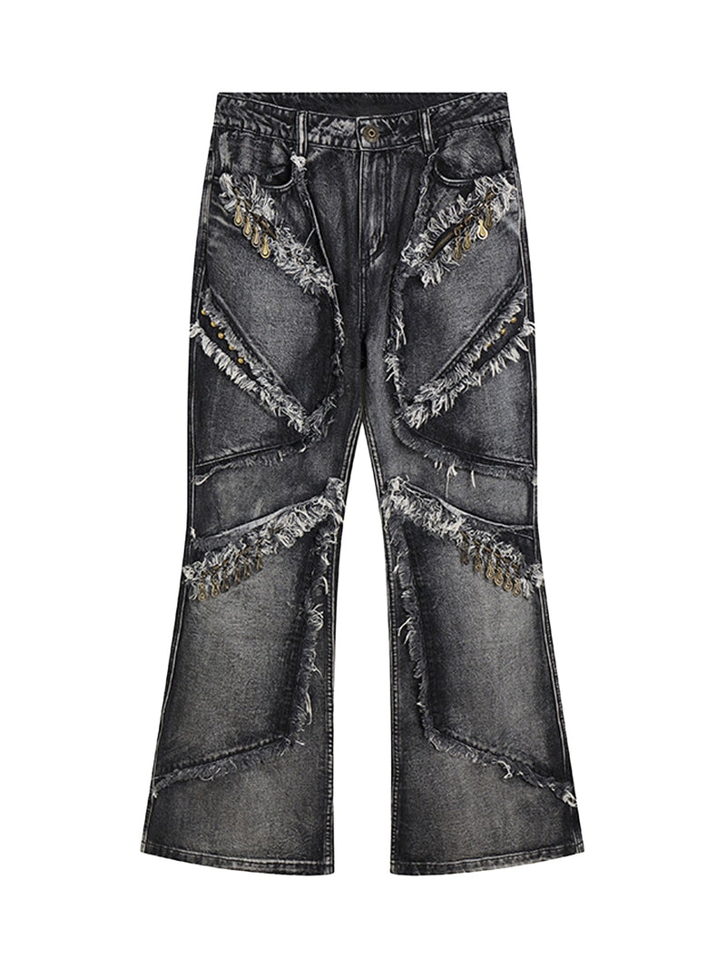 Retro Multi-Pull Washed Distressed Tassel Jeans