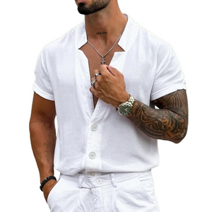 Men's Solid Notch Collar Single Breasted Short Sleeve Shirt