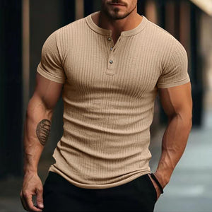 Camiseta Henley informal de manga corta de punto elástico para hombre