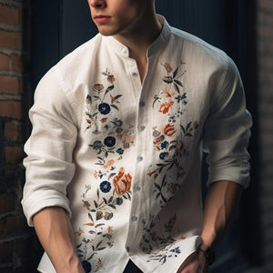 Camisa informal de manga larga con cuello redondo y estampado floral para hombre