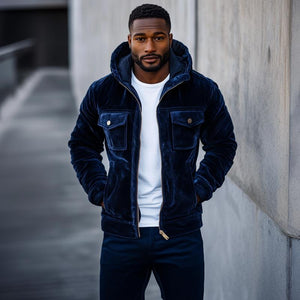 Herren Vintage Samtjacke mit mehreren Taschen und Reißverschluss, schmale Passform, Kapuzenjacke