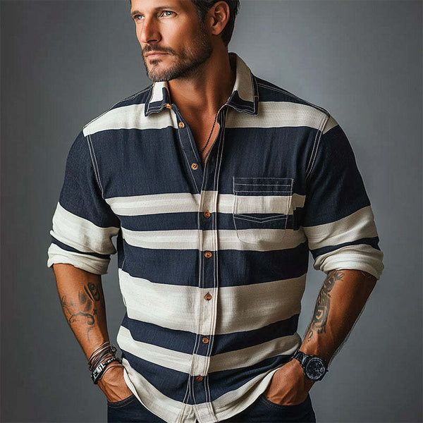 Men's Early Spring Fashion Striped Printed Long Sleeve Shirt