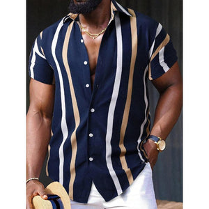 Men's Casual Striped Printed Lapel Short Sleeve Shirt