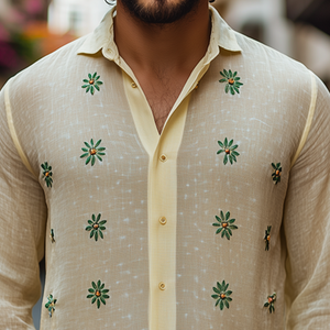 Men's Spring Fashion Silk Cotton Embroidered Long Sleeve Shirt