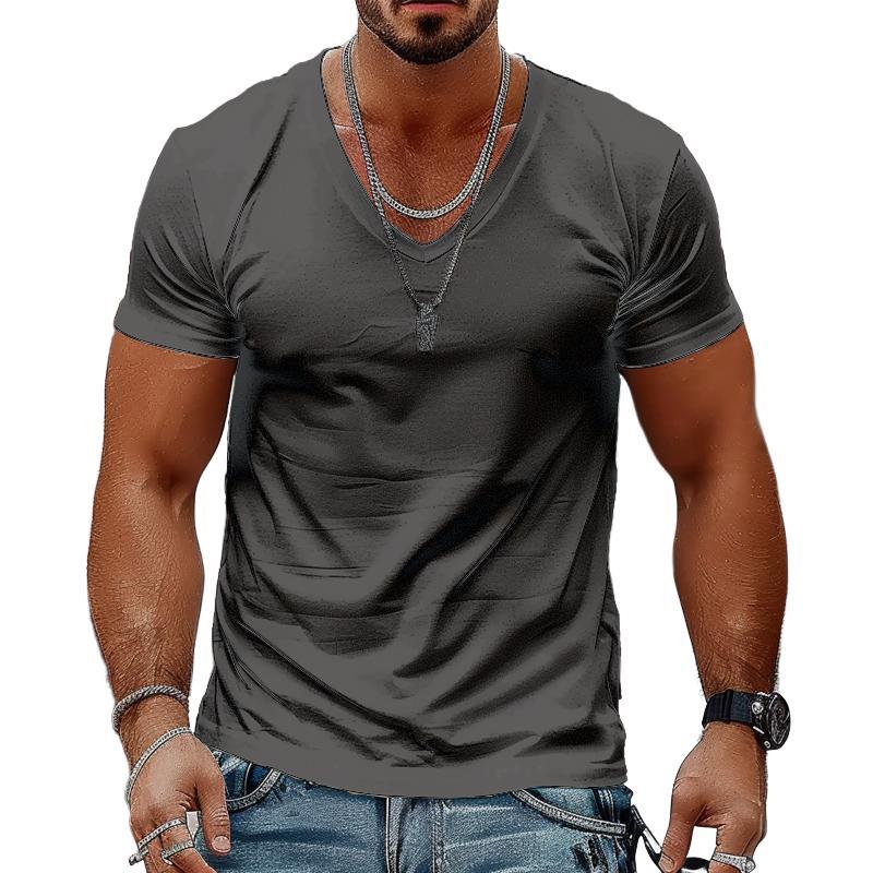 Camiseta informal de algodón de manga corta con cuello en V y color liso para hombre