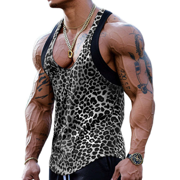 Sexy Patchwork-Tanktop mit U-Ausschnitt und Leopardenmuster für Herren