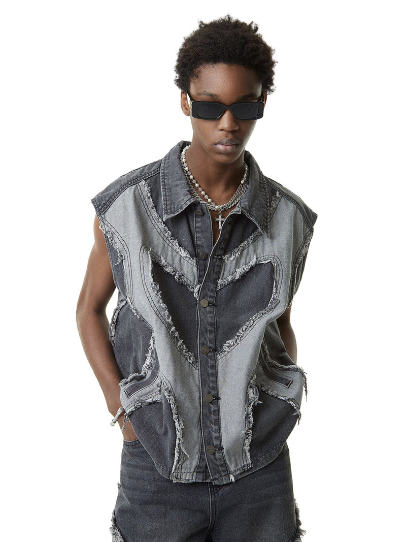 Contrast Denim Heart Stitching Street Rap Vest