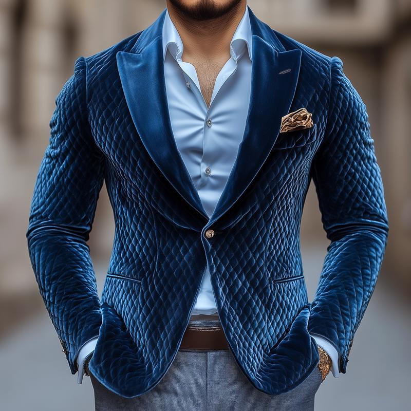 Men's Vintage Rhombus Velvet Peak Lapel One-button Casual Blazer