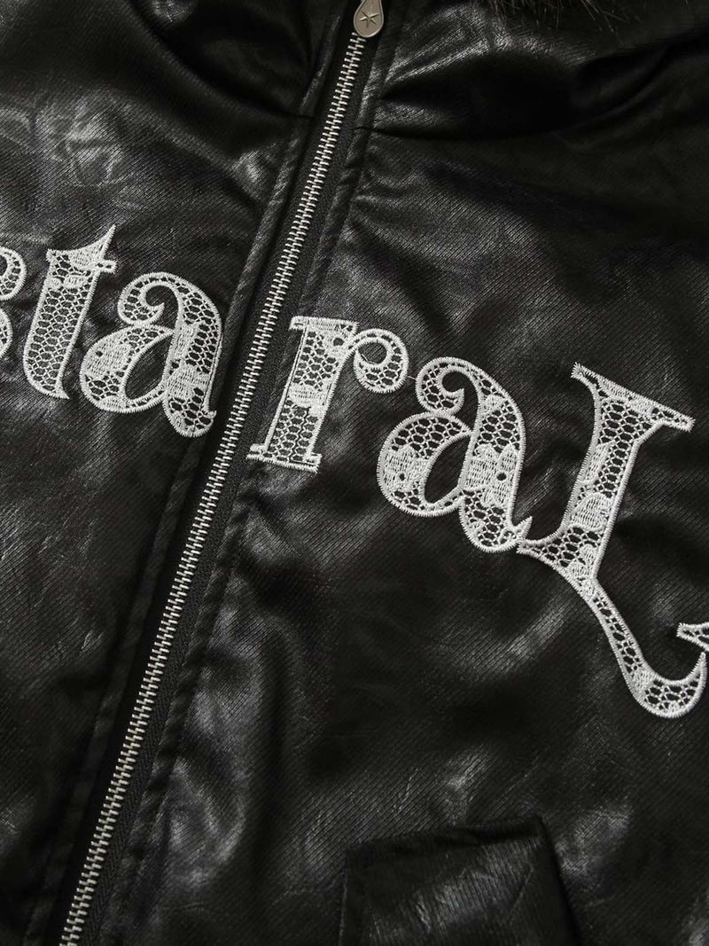 Lace Lettering Fur Hooded Leather Quited Jacket