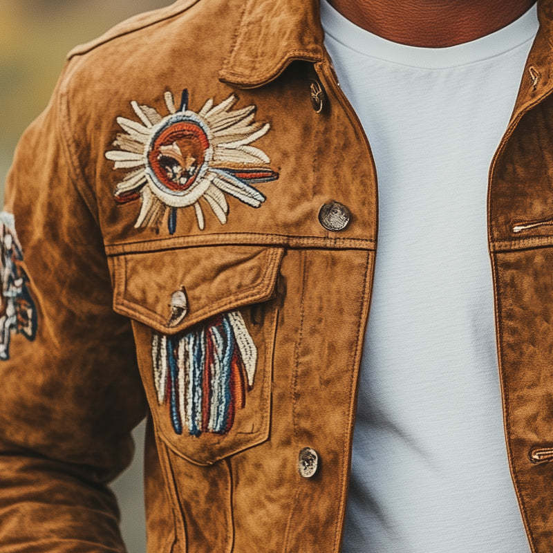 Leichte Wildlederjacke mit Vintage-Stickerei für Herren
