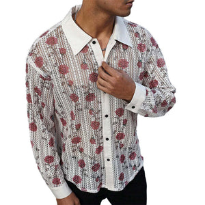 Camisa de manga larga de jacquard de punto con rosas para hombre