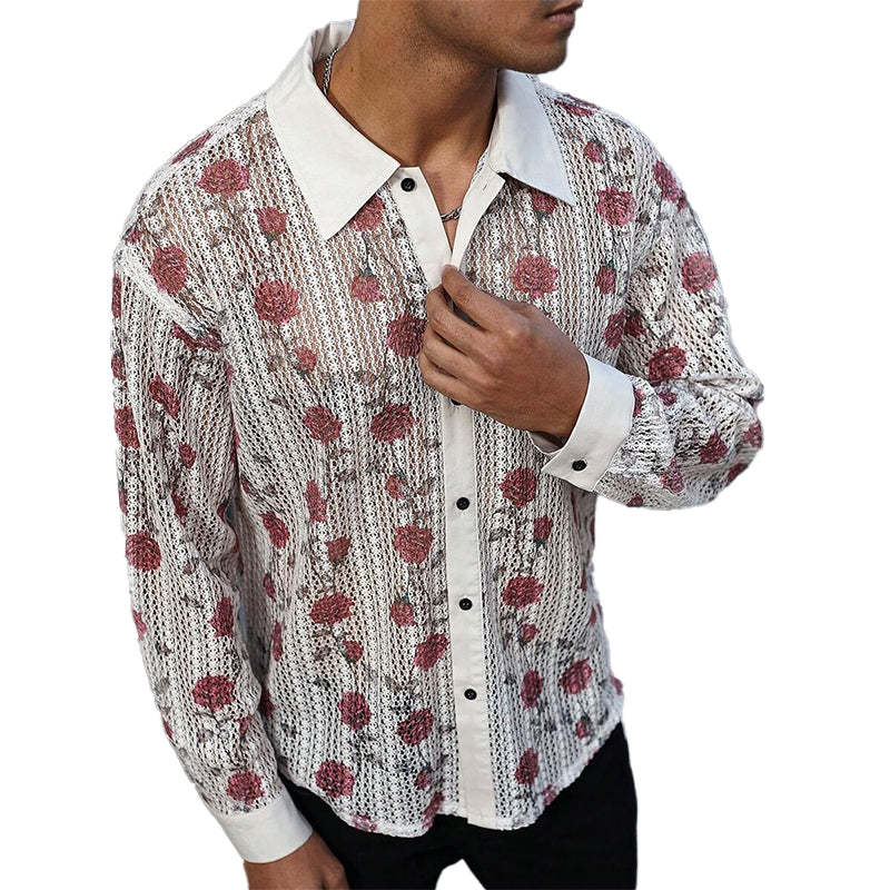 Men's Knitted Rose Jacquard Long Sleeve Shirt