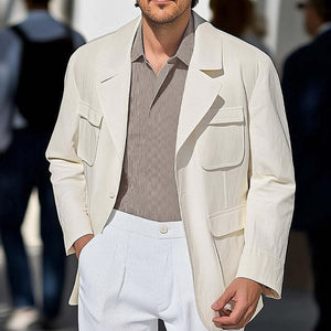 Men's Spring And Autumn Pure White Multi-Pocket Casual Loose Jacket