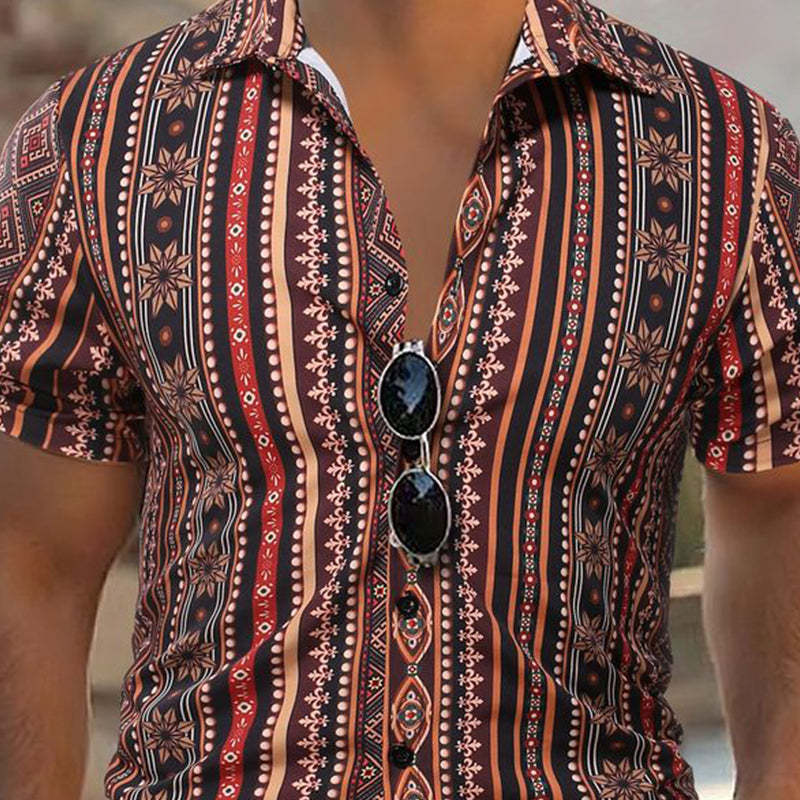 Camisa informal de manga corta con estampado de rayas retro para hombre
