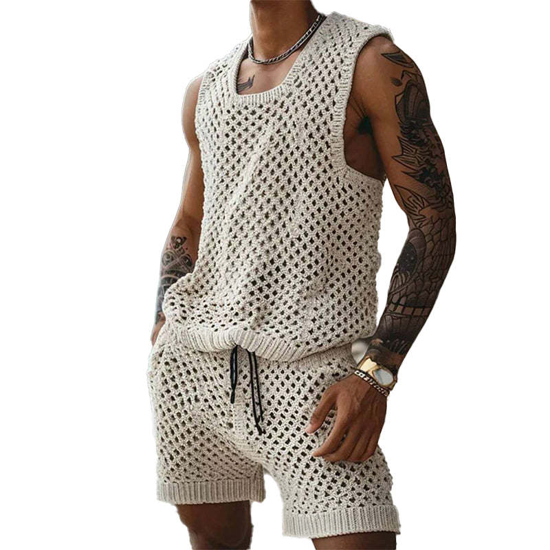 Conjunto de dos piezas de chaleco y pantalones cortos de punto para vacaciones para hombre