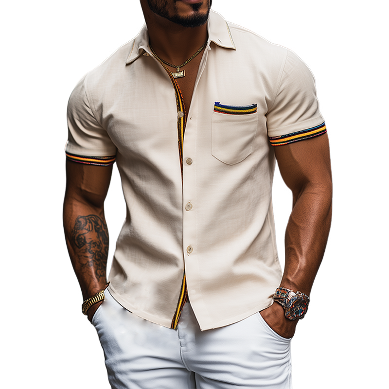 Men's Fashion Casual Slim Fit Colorful Ribbon Stitching Cotton And Linen Short Sleeve Shirt