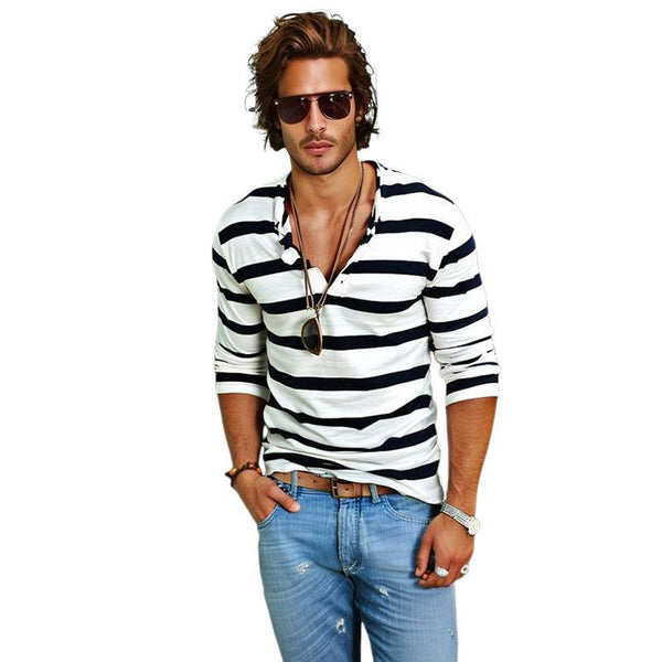 Camiseta informal de manga larga con cuello henley a rayas para hombre
