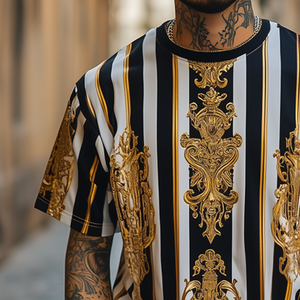 Camiseta de manga corta con cuello redondo y estampado barroco retro informal para hombre