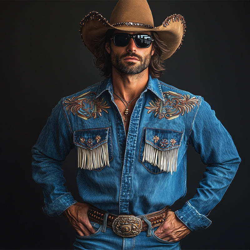 Camisa vaquera estilo western con borlas bordadas en azul oscuro vintage para hombre