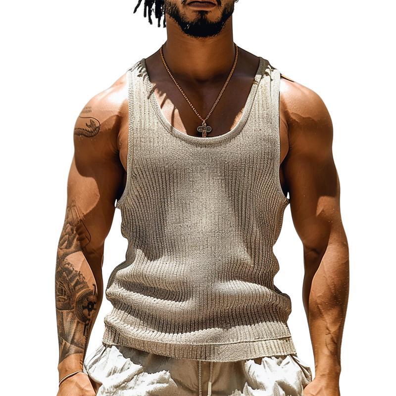 Camiseta sin mangas con textura a rayas y cuello redondo de color liso para hombre