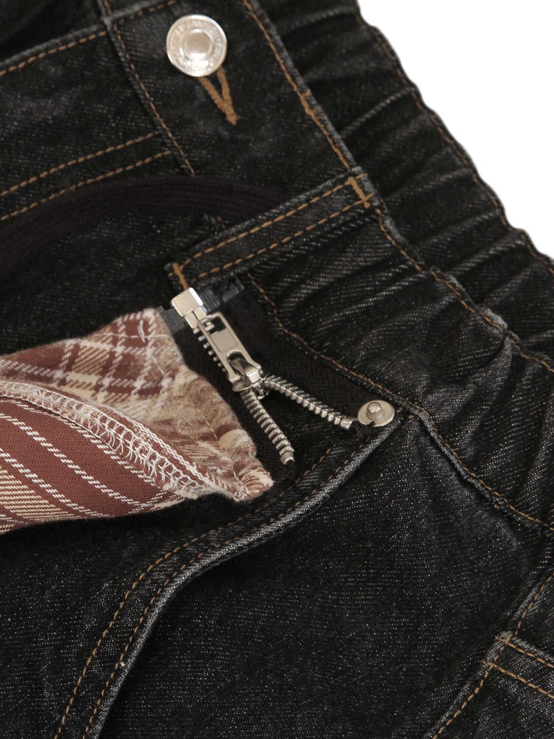 Patchwork Plaid Pleated Baggy Jeans