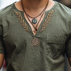 Camiseta informal de algodón y lino para hombre, con cuello en V, bordado y bolsillo de parche, manga corta