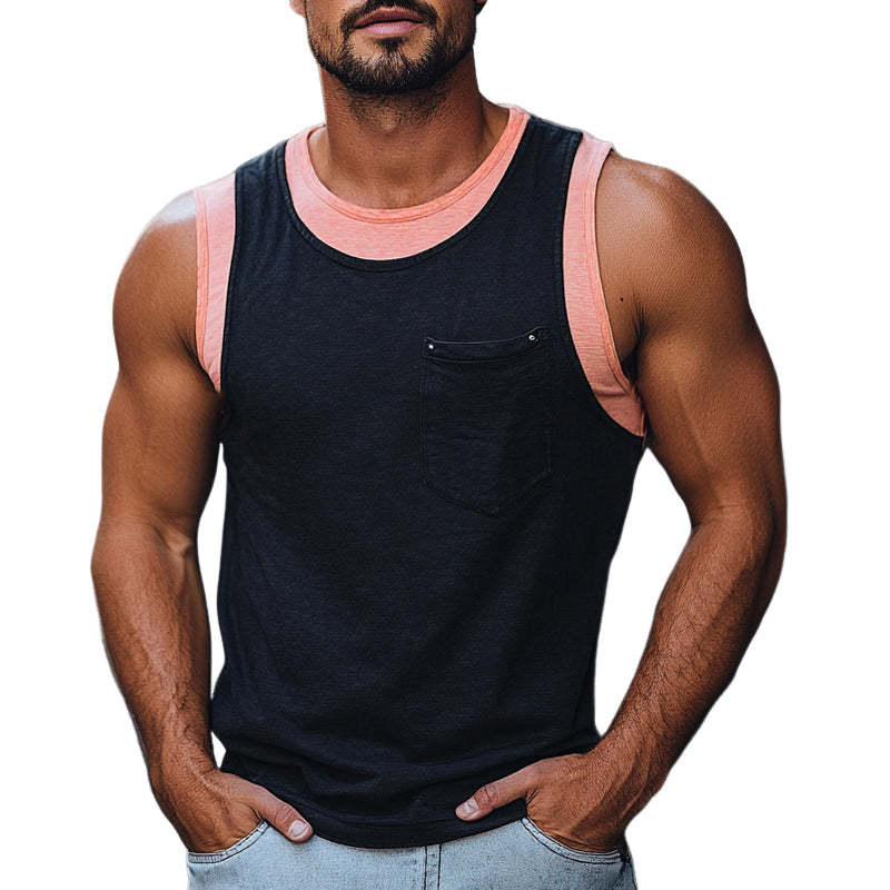 Camiseta sin mangas de algodón agradable para la piel con costuras de color en contraste para hombre
