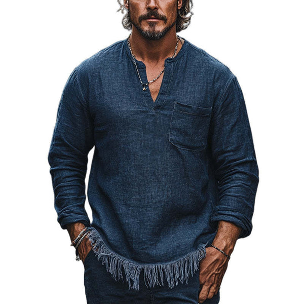 Men's Vintage Navy V-neck Cotton And Linen Casual T-shirt