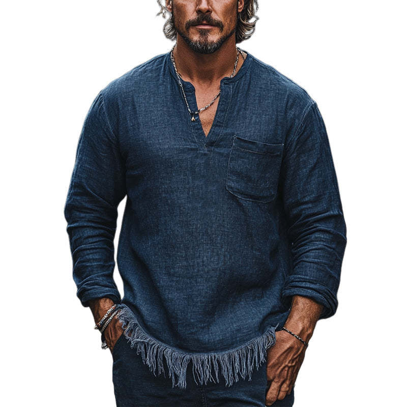 Camiseta informal vintage azul marino de algodón y lino con cuello en V para hombre