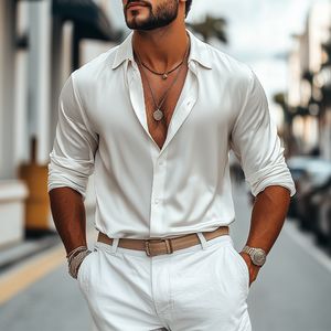 Camisa informal de manga larga de satén brillante para hombre